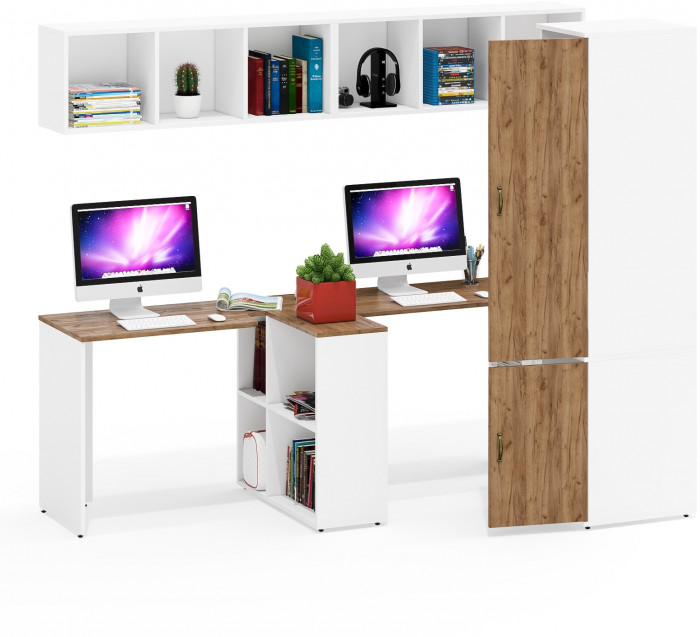 Лидер-8 Стол + Полка + Стол + Полка + Пенал МД 23Б, цвет белый шагрень/крафт золото, ШхГхВ 370х50х75/190 или 230х120/50х75/190 см., НЕ ун. сборка