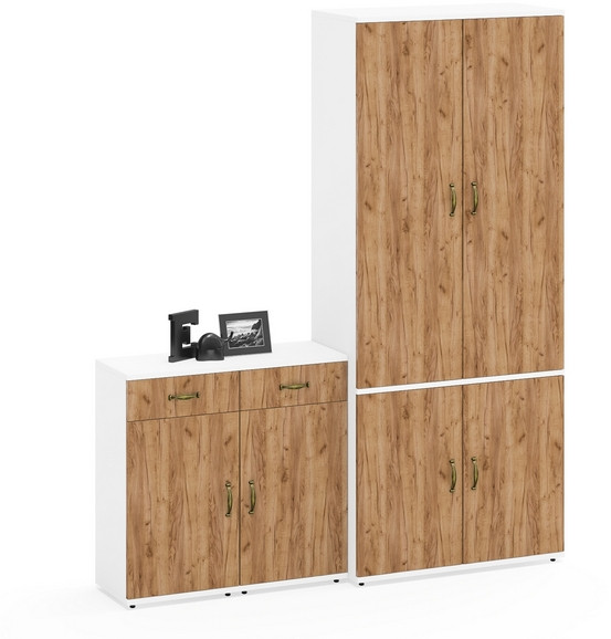 Лидер-8 Шкаф МД 20Б + Тумба МД 3.15 + Тумба МД 3.15, цвет белый шагрень/крафт золото, ШхГхВ 160х37,5х190 см., НЕ универсальная сборка