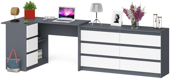 Мори Стол компьютерный МС-16 левый + Комод МК1380.6, цвет графит/белый, ШхГхВ 262,4х84,9х76,6 см., выдвижные ящики слева, НЕ универсальная сборка