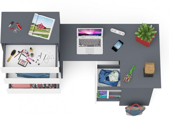 Мори Стол компьютерный МС-16 правый + Комод МК700.5, цвет графит/белый, ШхГхВ 194,8х84,9х114 см., выдвижные ящики справа, НЕ универсальная сборка