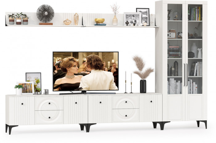 Валенсия Гостиная № 083, цвет ЛДСП белый шагрень/МДФ белый шагрень, ШхГхВ 350,3х38,3х225,2 см., универсальная сборка