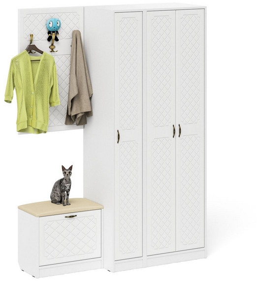 Прихожая П-6 Компоновка № 47, цвет белая шагрень/фасады МДФ белое дерево фрезеровка ромб, ШхГхВ 150х50х210 см., универсальная сборка