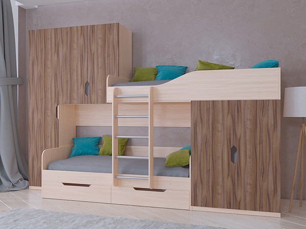 Кровать двухъярусная Лео Дуб молочный/Орех