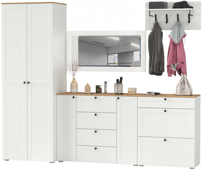 Остин Прихожая 59, цвет белый шагрень/дуб крафт золотой, ШхГхВ 280х54,3х229,6 см., универсальная сборка