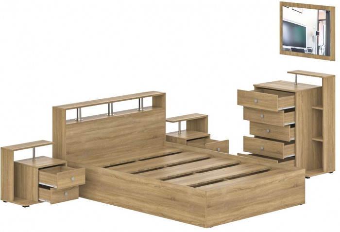 Камелия спальня № 5 Кровать 1400 + Две тумбы + Комод + Зеркало, дуб сонома