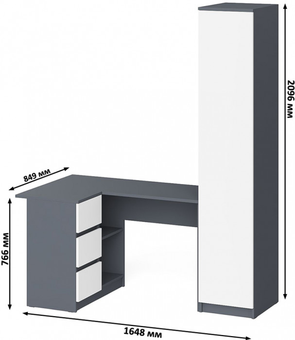 Мори компьютерный стол МС-16 левый + Пенал МШ400.1, графит/белый