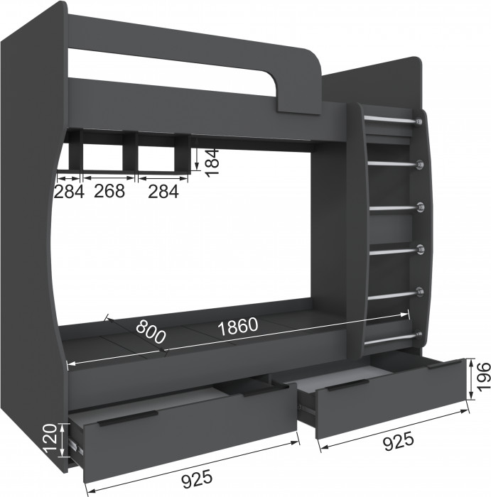 Кровать Мадрид (0,8) двухярусная, Графит серый