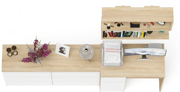 Мори Стол компьютерный МС-1 левый + Комод МК1380.6 + Полка 900, цвет дуб сонома/белый, ШхГхВ 228х50х209,6 см., НЕ универсальная сборка