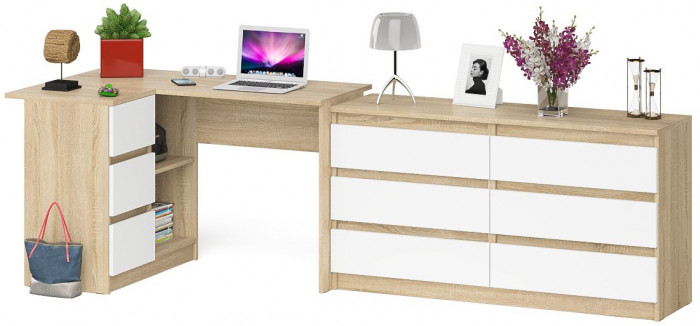 Мори Стол компьютерный МС-16 левый + Комод МК1380.6, цвет дуб сонома/белый, ШхГхВ 262,4х84,9х76,6 см., выдвижные ящики слев, НЕ универсальная сборкаа
