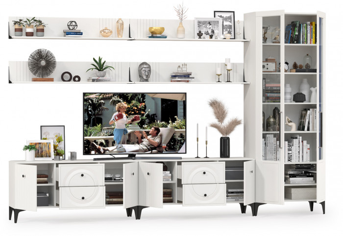 Валенсия Гостиная № 084, цвет ЛДСП белый шагрень/МДФ белый шагрень, ШхГхВ 350,3х38,3х225,2 см., универсальная сборка