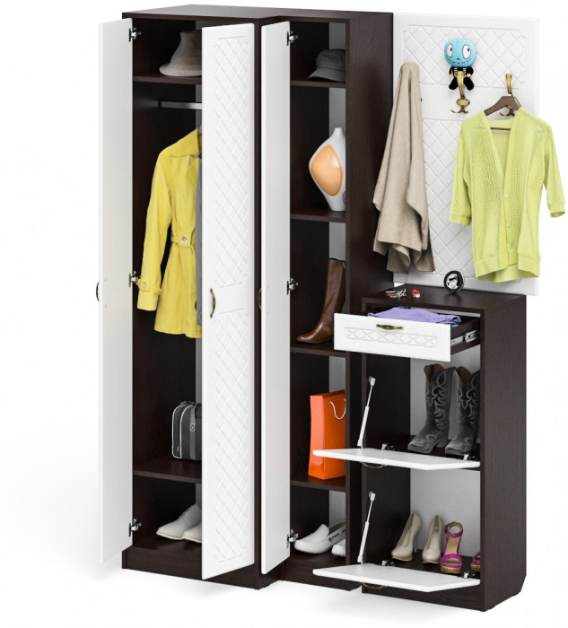 Прихожая П-6 Компоновка № 30, цвет венге/фасады МДФ белое дерево фрезеровка ромб, ШхГхВ 150х50х210 см., универсальная сборка