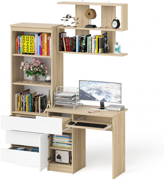 Мори компьютерный стол МС-1 левый + Стеллаж МСТ600.3 + Полка 900, дуб сонома/белый