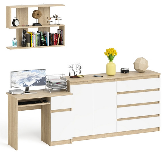 Мори Стол компьютерный МС-1 правый + Комод МК1600.1 + Полка 900, цвет дуб сонома/белый, ШхГхВ 250,4х50х209,6 см., НЕ универсальная сборка