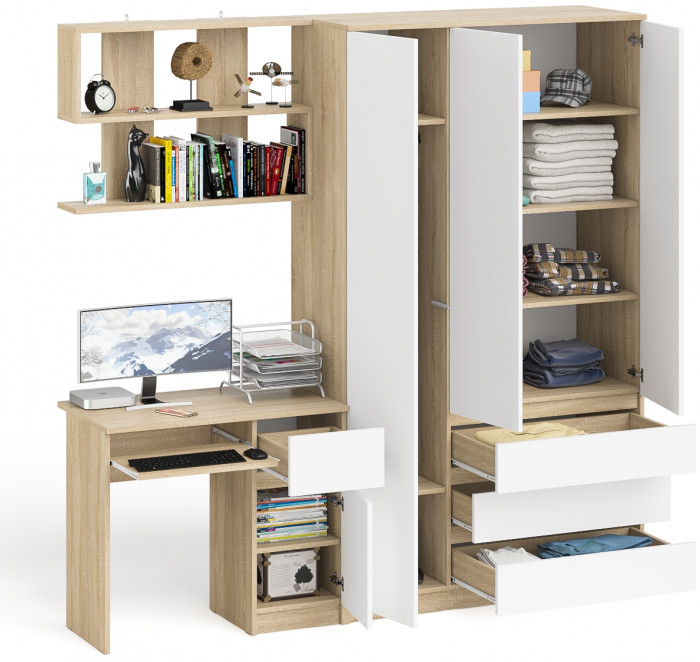 Мори Стол компьютерный МС-1 правый + Шкаф МШ1200.1 + Полка 900, цвет дуб сонома/белый, ШхГхВ 210,4х50,4х209,6 см., НЕ универсальная сборка