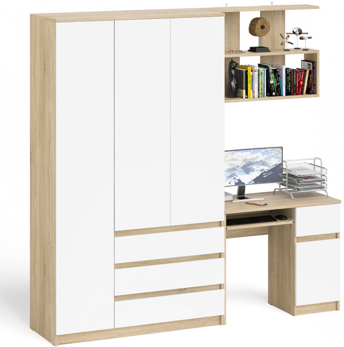 Мори Стол компьютерный МС-1 правый + Шкаф МШ1200.1 + Полка 900, цвет дуб сонома/белый, ШхГхВ 210,4х50,4х209,6 см., НЕ универсальная сборка