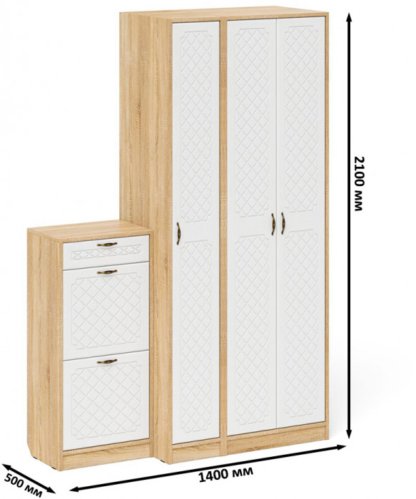 Прихожая П-6 Компоновка № 48, дуб сонома/фасады МДФ белое дерево фрезеровка ромб