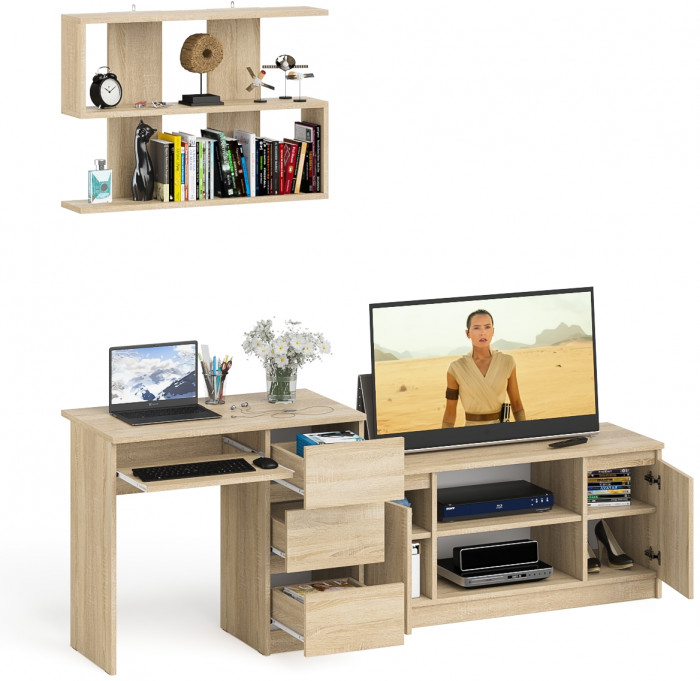 Мори компьютерный стол МС-6 правый + Тумба МТВ1200.1 + Полка 900, дуб сонома