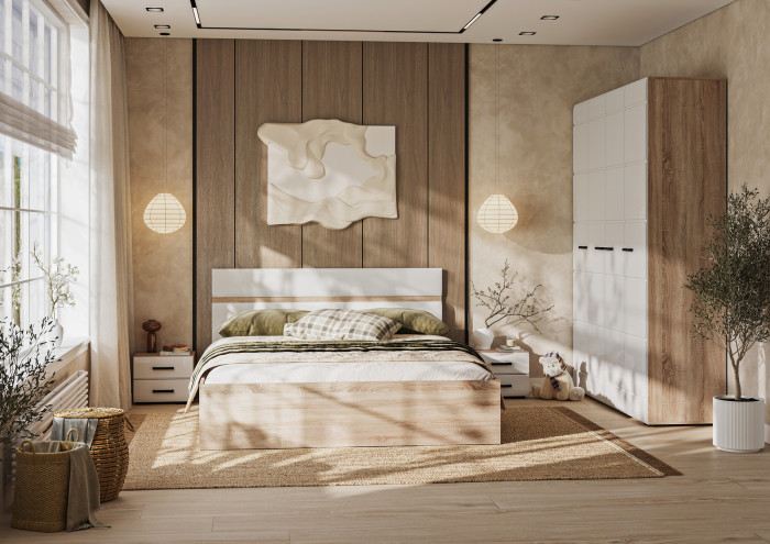 ЛИБЕРТИ КР 02 Кровать 1,6 (1632х900х2032) Фасад МДФ БЕЛЫЙ ГЛЯНЕЦ/Корпус ДУБ СОНОМА