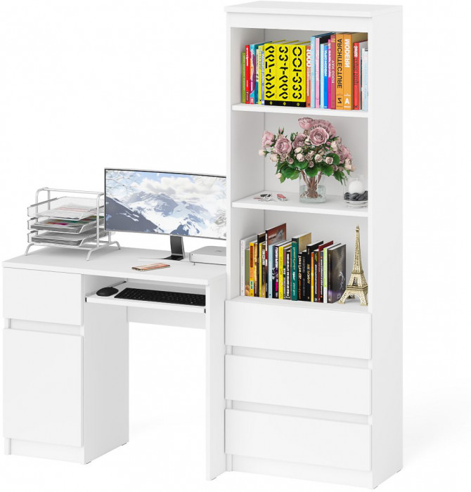 Мори компьютерный стол МС-1 левый + Стеллаж МСТ600.3, белый