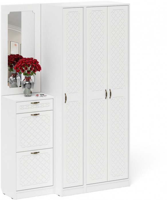 Прихожая П-6 Компоновка № 49, цвет белая шагрень/фасады МДФ белое дерево фрезеровка ромб, ШхГхВ 140х50х210 см., универсальная сборка