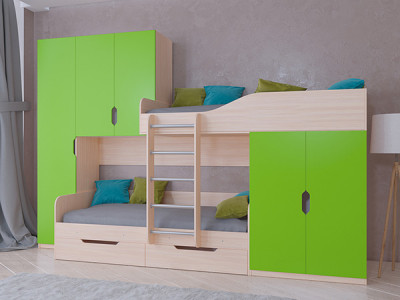 Кровать двухъярусная Лео Дуб молочный/Салатовый