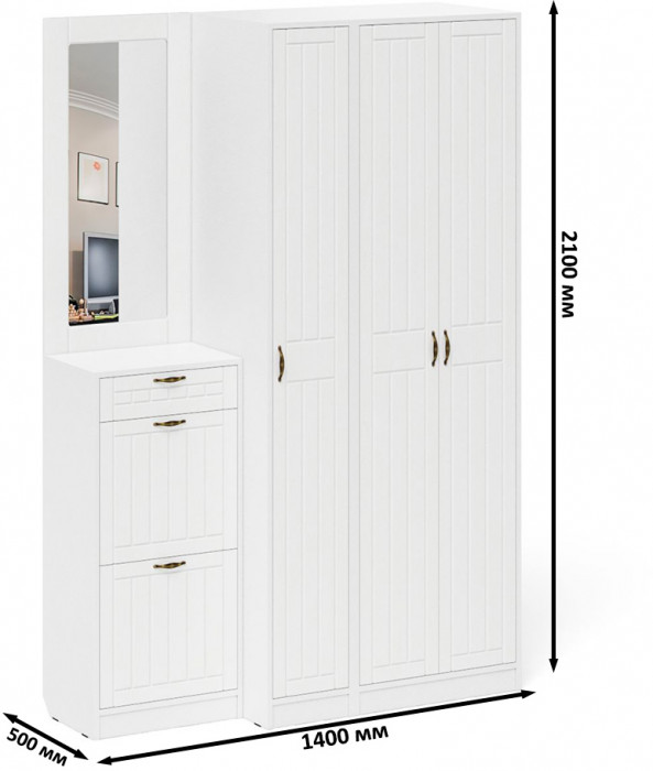 Прихожая П-6 Компоновка № 49, белая шагрень/фасады МДФ белое дерево фрезеровка прованс