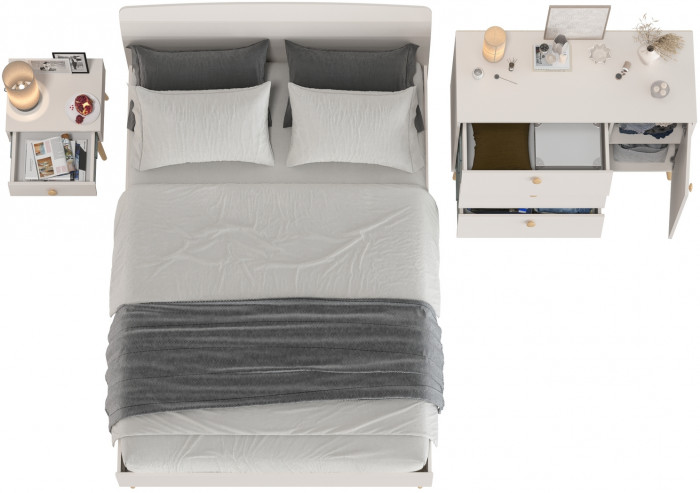 Афина Спальня Кровать 1400 + Комод + Тумба, кашемир серый