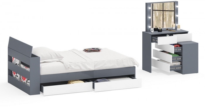 Ксения Кровать с ящиками 1200 + Стол косметический с подсветкой 110, графит/белый