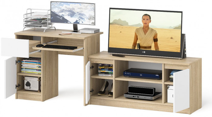 Мори компьютерный стол МС-1 левый + Тумба МТВ1200.1, дуб сонома/белый