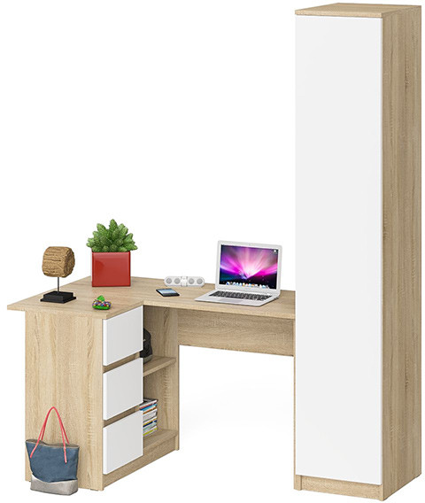Мори компьютерный стол МС-16 левый + Пенал МШ400.1, дуб сонома/белый