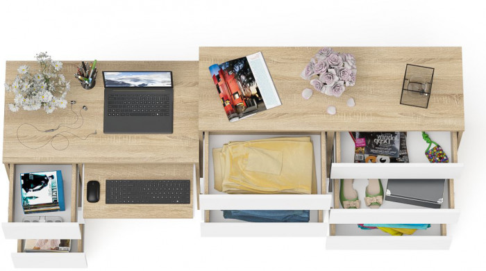 Мори компьютерный стол МС-6 левый + Комод МК1200.8, дуб сонома/белый