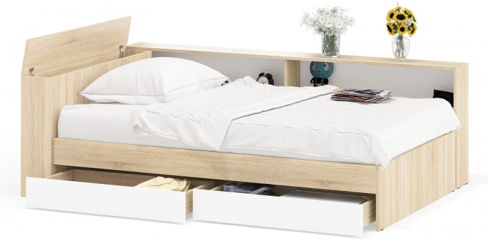 Ксения Кровать с ящиками 1200 + прикроватный блок, дуб сонома/белый