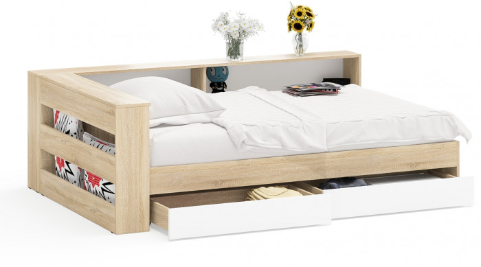 Ксения Кровать с ящиками 1200 + прикроватный блок, дуб сонома/белый