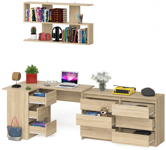 Мори компьютерный стол МС-16 левый + Комод МК1200.6 + Полка 1200, дуб сонома