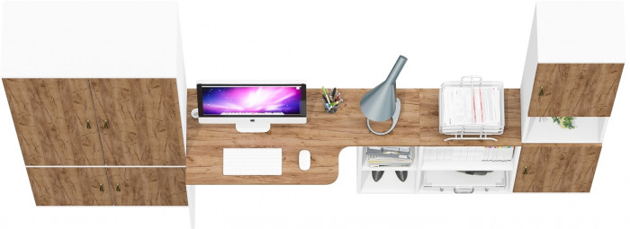 Лидер-8 Шкаф МД 20Б + Стол + Пенал, цвет белый шагрень/крафт золото, ШхГхВ 285х50/37,5х75/190 или 195х120х75/190 см., НЕ универсальная сборка