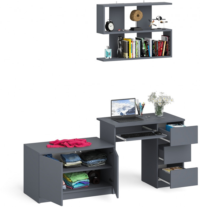 Мори Стол компьютерный МС-6 правый + Тумба МА900.1 + Полка 900, цвет графит, ШхГхВ 180,4х50,4х209,6 см., НЕ универсальная сборка