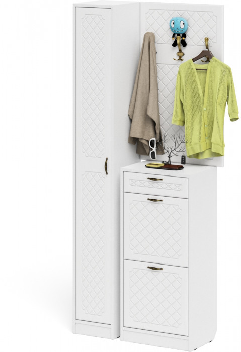 Прихожая П-6 Компоновка № 24, белая шагрень/фасады МДФ белое дерево фрезеровка ромб