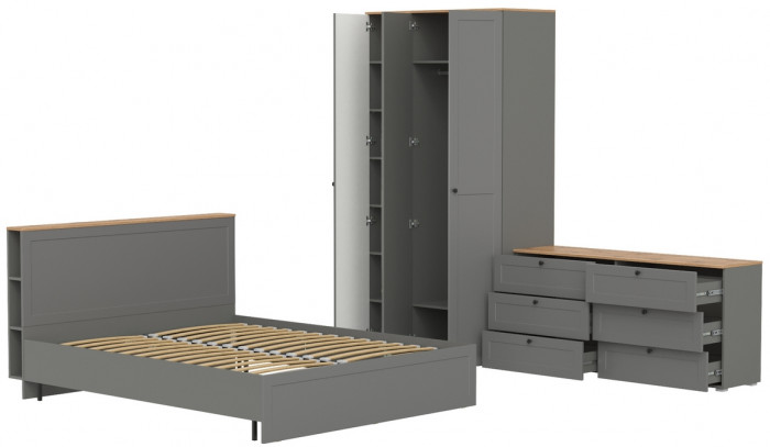 Остин 11.53 Кровать + ортопед + 13.336.03 Шкаф для одежды + 16.240 Комод, серый графит/дуб крафт золотой