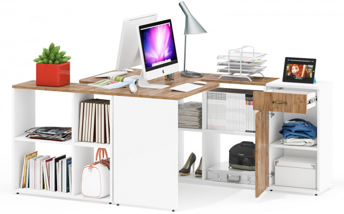 Лидер-8 Стол + Стол + Тумба МД 3.15, цвет белый шагрень/крафт золото, ШхГхВ 370х50/30х75 см. или 230х50/120х75 см., НЕ универсальная сборка