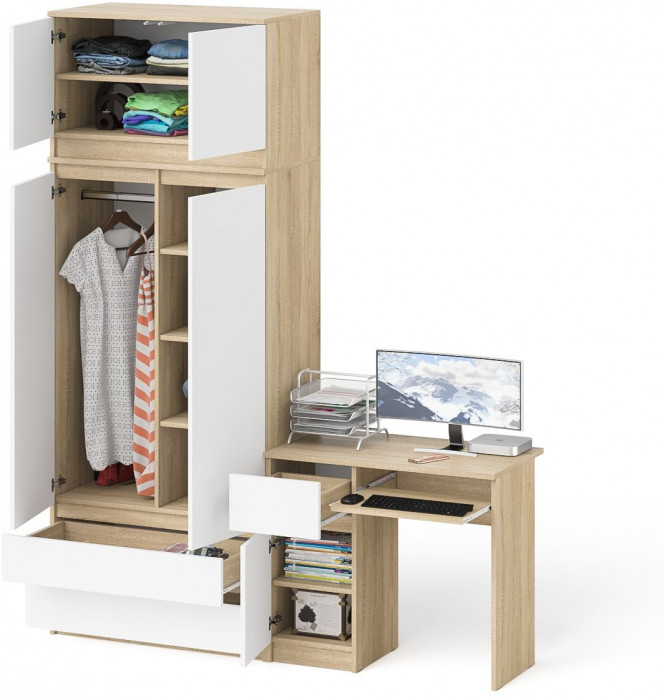 Мори Стол компьютерный МС-1 левый + Шкаф МШ900.1 + Антресоль МА900.1, цвет дуб сонома/белый, ШхГхВ 180,4х50,4х234,2 см., выдвиж. ящ. слева, НЕ ун. сб.