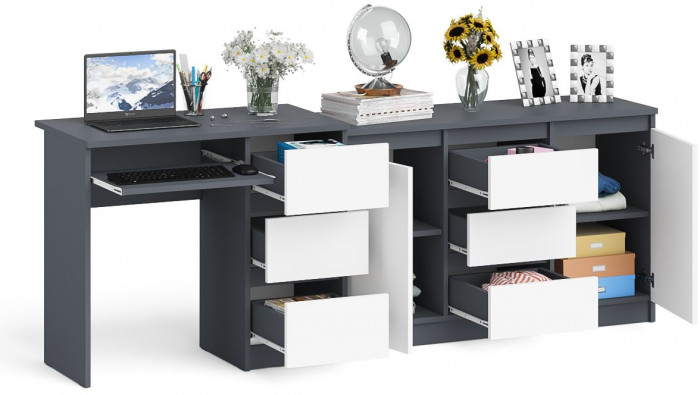 Мори Стол компьютерный МС-6 правый + Комод МК1200.3, цвет графит/белый, ШхГхВ 210,4х50х76,6 см., выдвижные ящики справа, НЕ универсальная сборка
