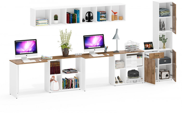 Лидер-8 Стол + Полка + Стол + Полка + Пенал + Тумба МД 3.15, белый шагрень/крафт золото