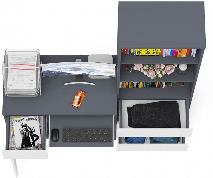 Мори компьютерный стол МС-1 левый + Стеллаж МСТ600.3, графит/белый