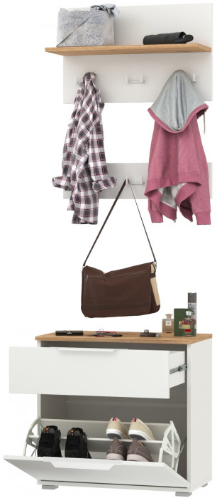 Октава 16.127 Тумба для обуви + 15.14.01 Вешалка + 15.14.02, белый шагрень/дуб крафт золотой/фасады МДФ белый шагрень