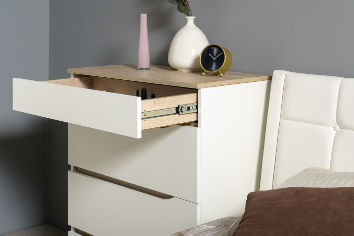 Муссон Кровать 11.28 + подъёмный ортопед + Комод 13.97, цвет белый/дуб эндгрейн элегантный/кожзам белый, сп. м. 1600х2000 мм., б/м