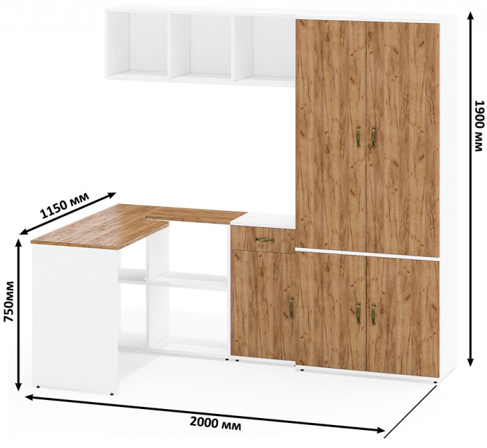 Лидер-8 Стол + Полка + Тумба МД 3.15 + Шкаф МД 20Б, белый шагрень/крафт золото