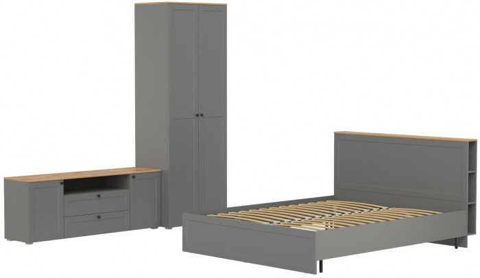 Остин 11.53 Кровать + ортопед + 13.224 Шкаф + 16.47 Тумба под ТВ, серый графит/дуб крафт золотой
