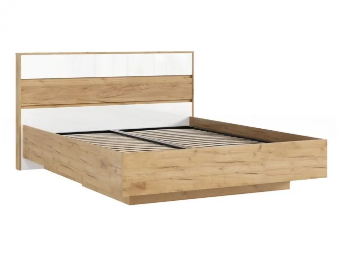 Роджинамиф Кровать парящая 160 с ортопедом дерево с подсветкой, белый глянец холодный/дуб крафт