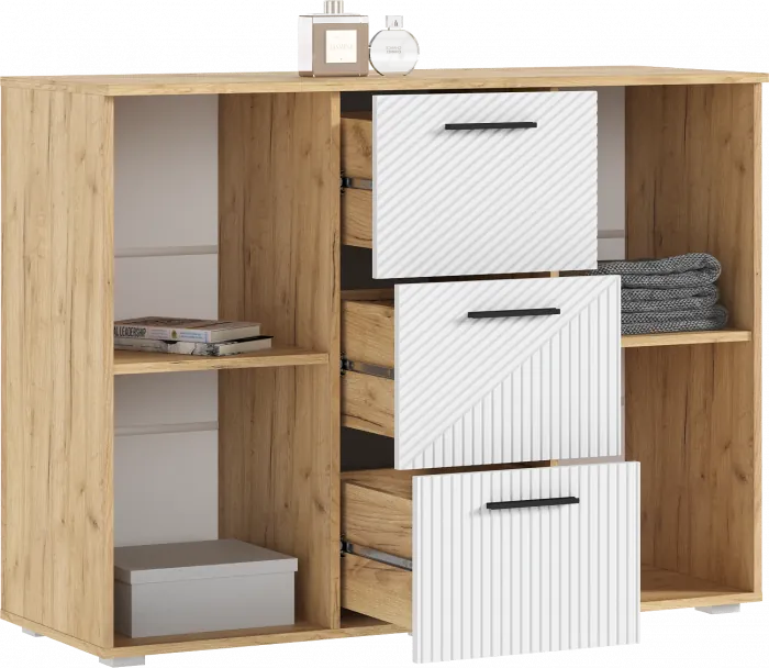 Сильвия Комод (3 ящика/2 двери) 1200, Браш Вайт/Дуб крафт