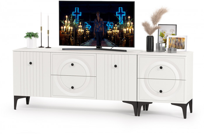 Валенсия Гостиная 16.45 Тумба под ТВ + 13.291 Тумба, ЛДСП белый шагрень/МДФ белый шагрень